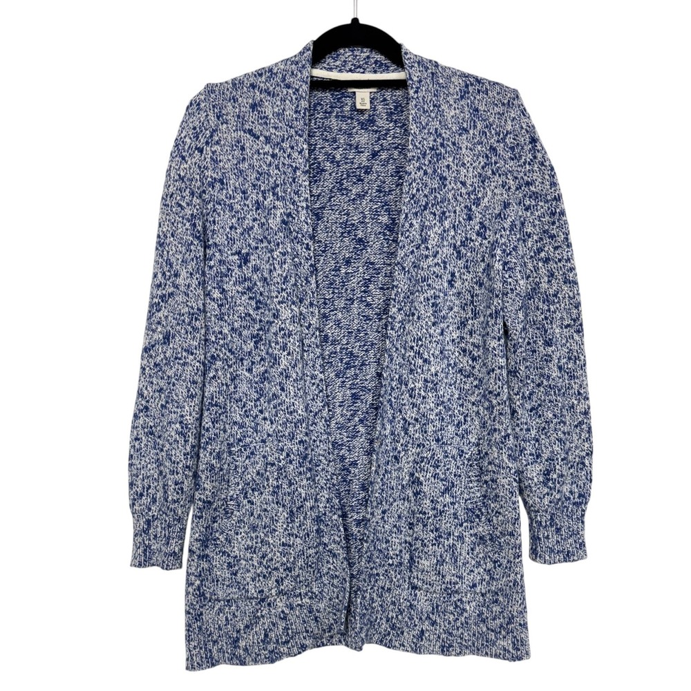 LL Bean Open Cardigan, Size XS,  Blue White Marled Ragg Cotton Sweater Pockets